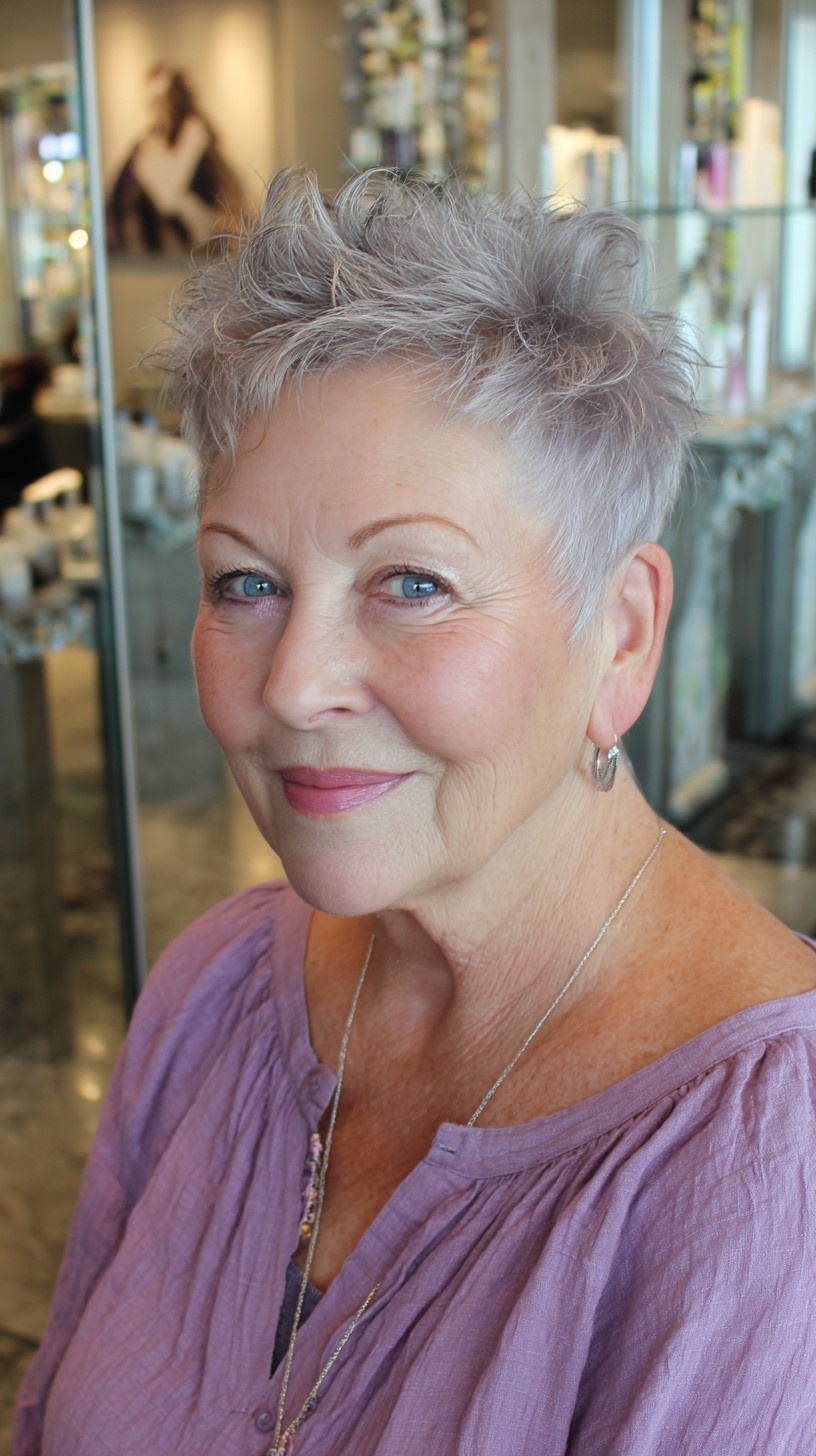 Short Textured Silver-Lilac Pixie with Tapered Sides