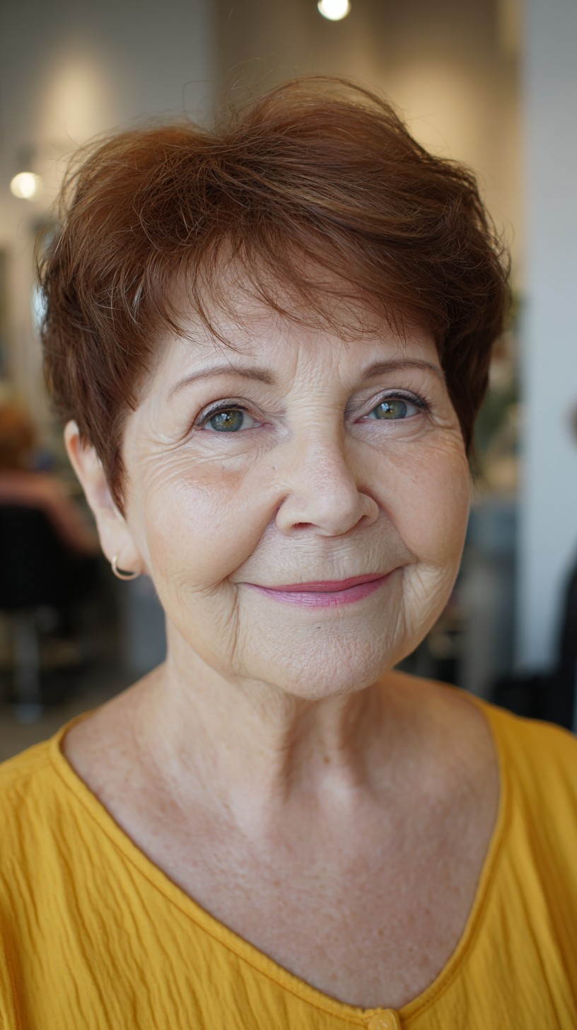 Short Warm Auburn Pixie with Feathered Micro-Bangs