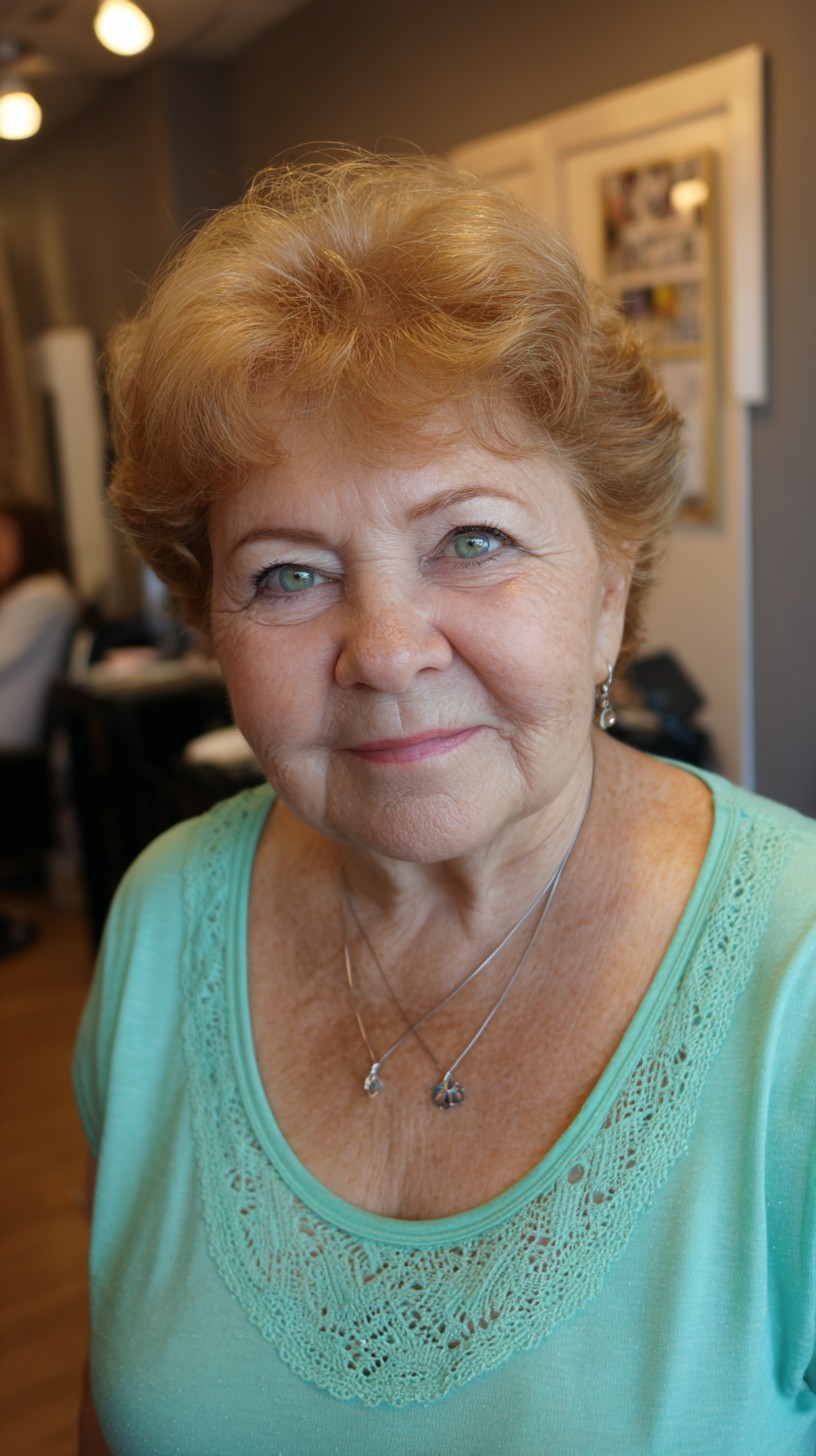 Soft Strawberry-Blonde Lifted Pixie with Feathered Fringe