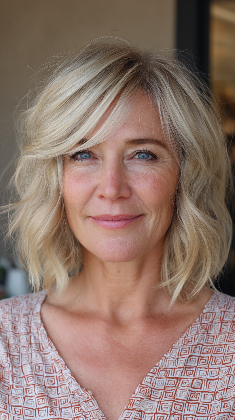Ash Blonde Textured Long Bob with Curtain Fringe