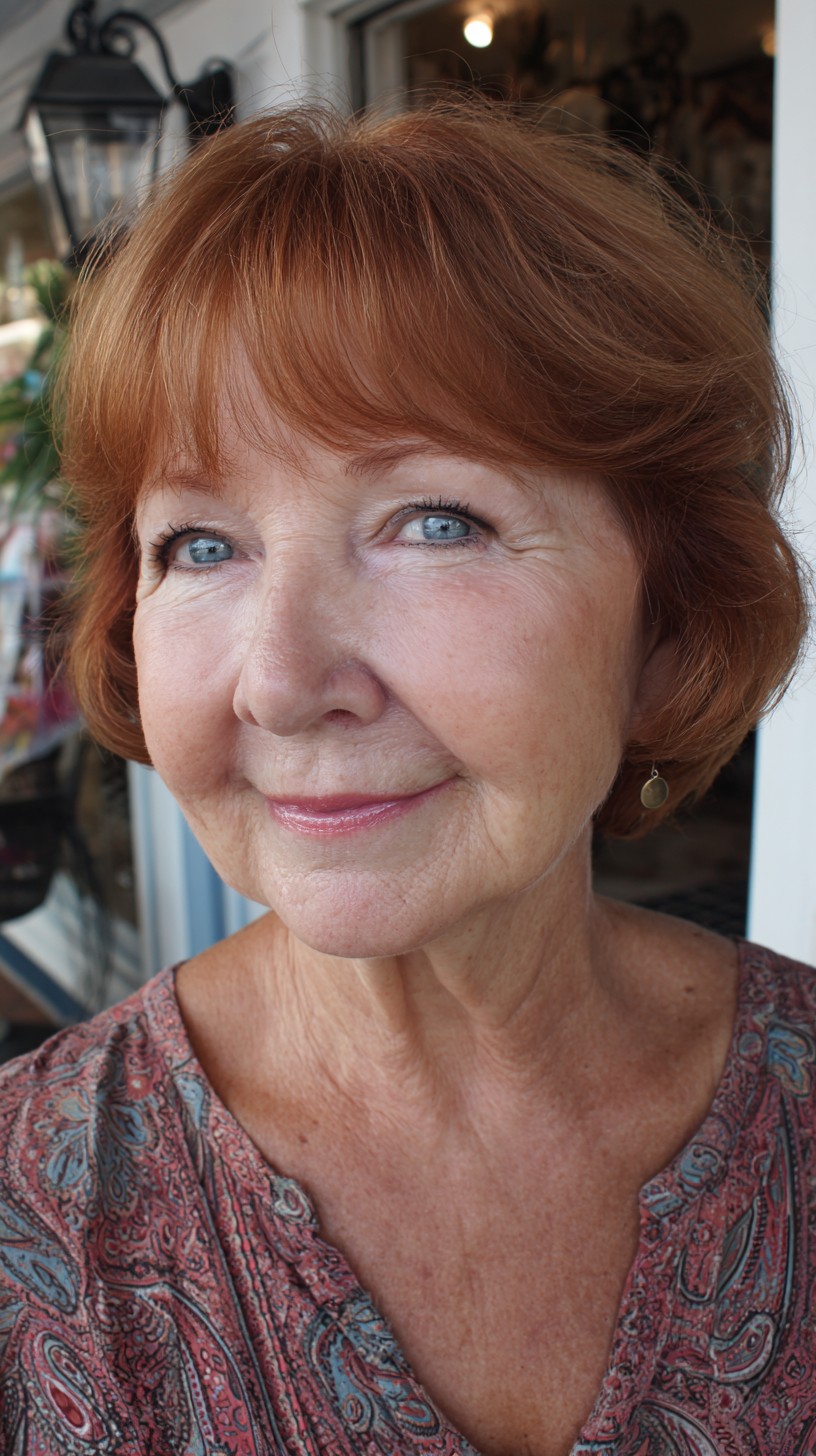 Auburn Rounded Chin-Length Bob with Feathered Brow Fringe