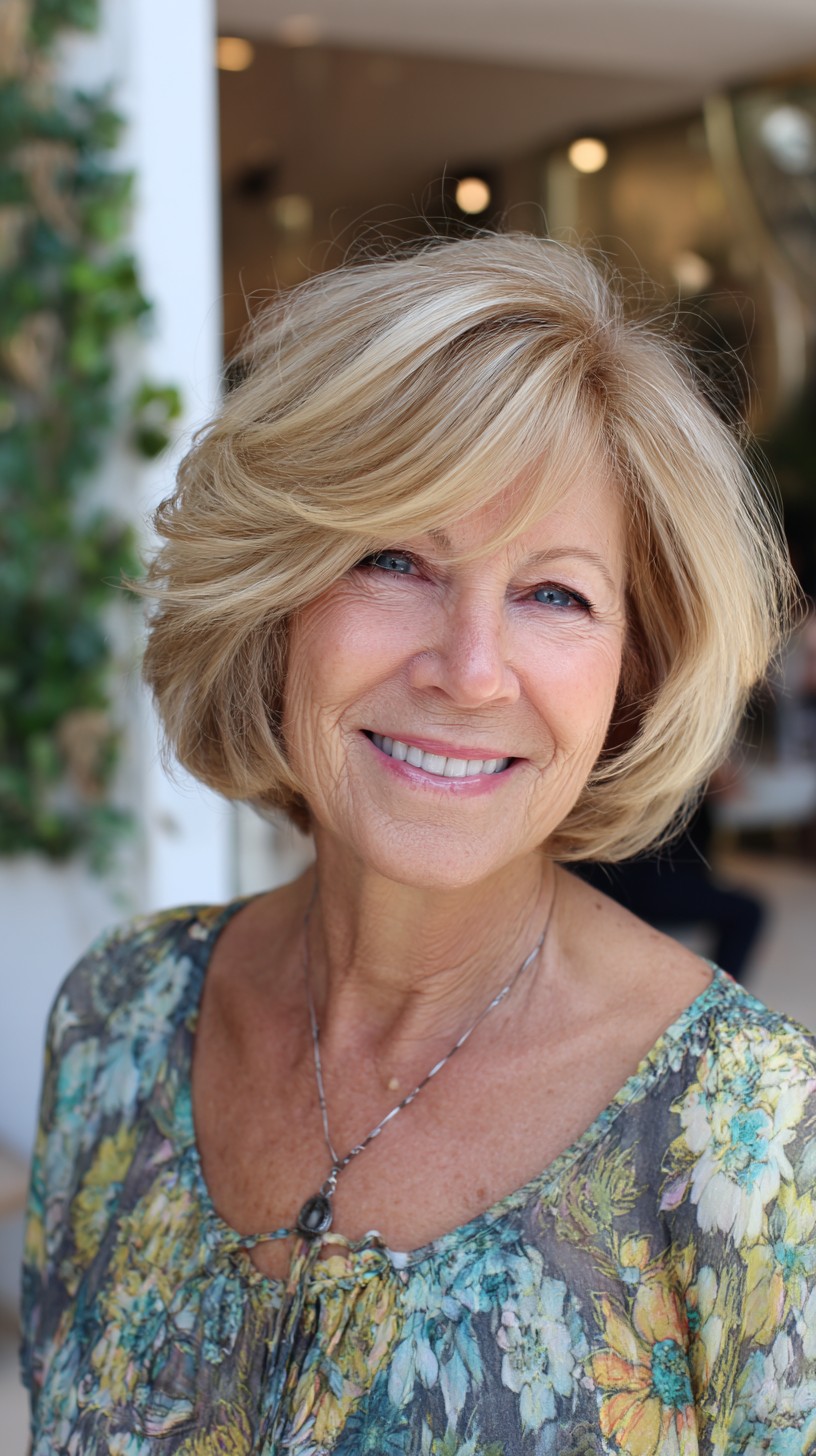 Blonde Rounded Layered Bob with Side-Swept Feathered Fringe