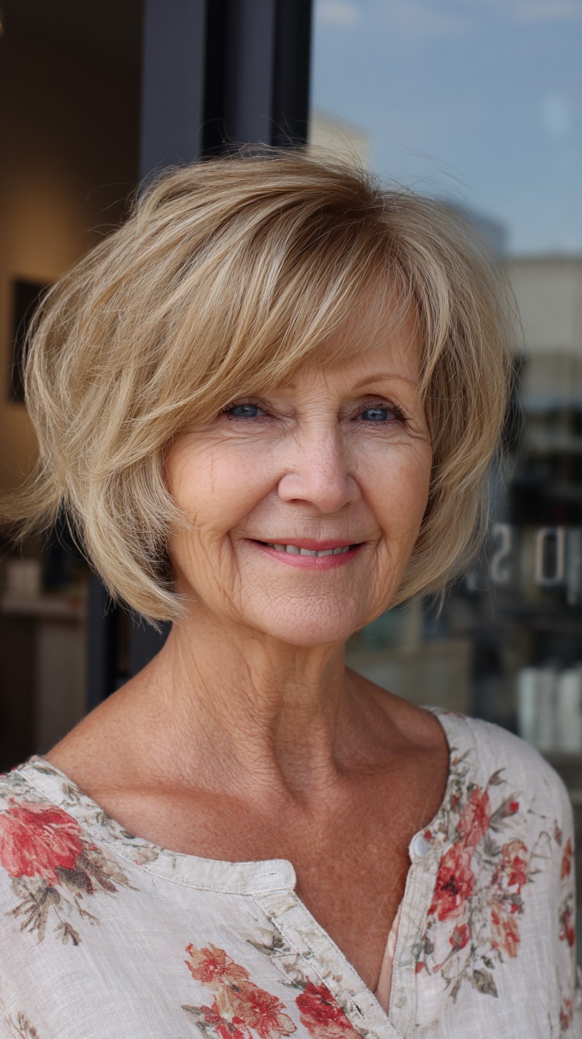 Blonde Rounded Stack with Feathered Side-Swept Fringe