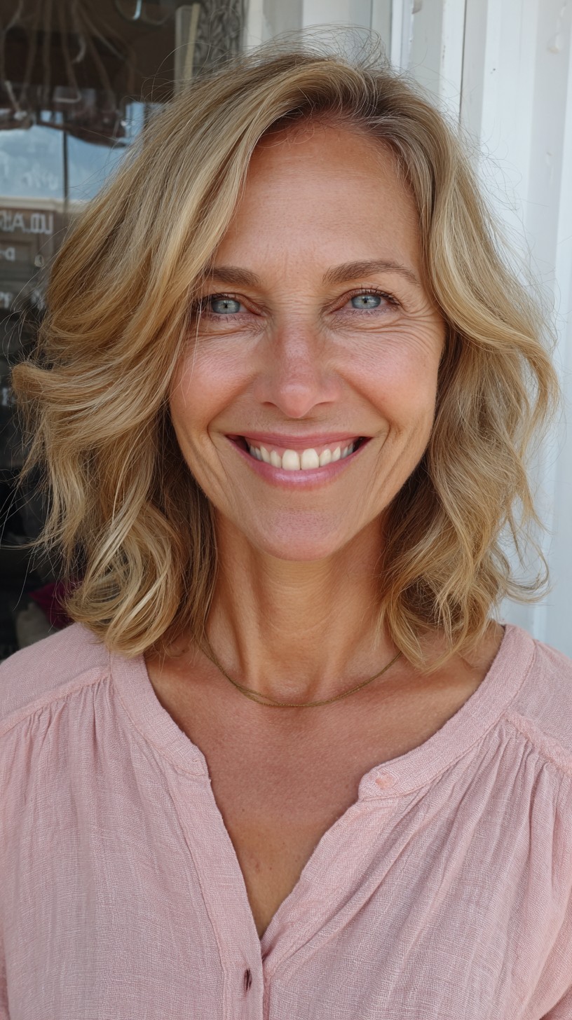 Brushed-Out Textured Shoulder-Length Lob with Curtain Part