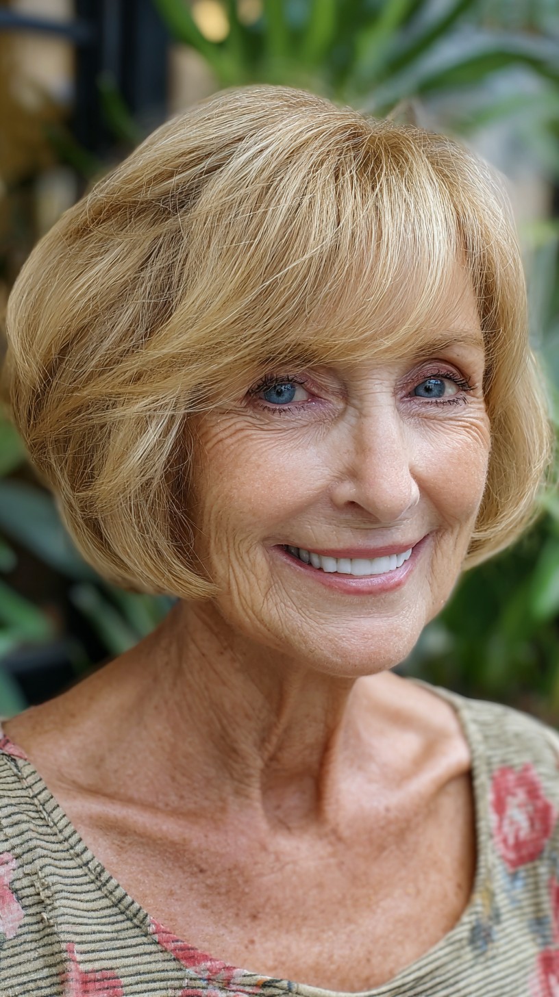 Buttery Blonde Soft Stack Bob with Feathered Side-Swept Fringe