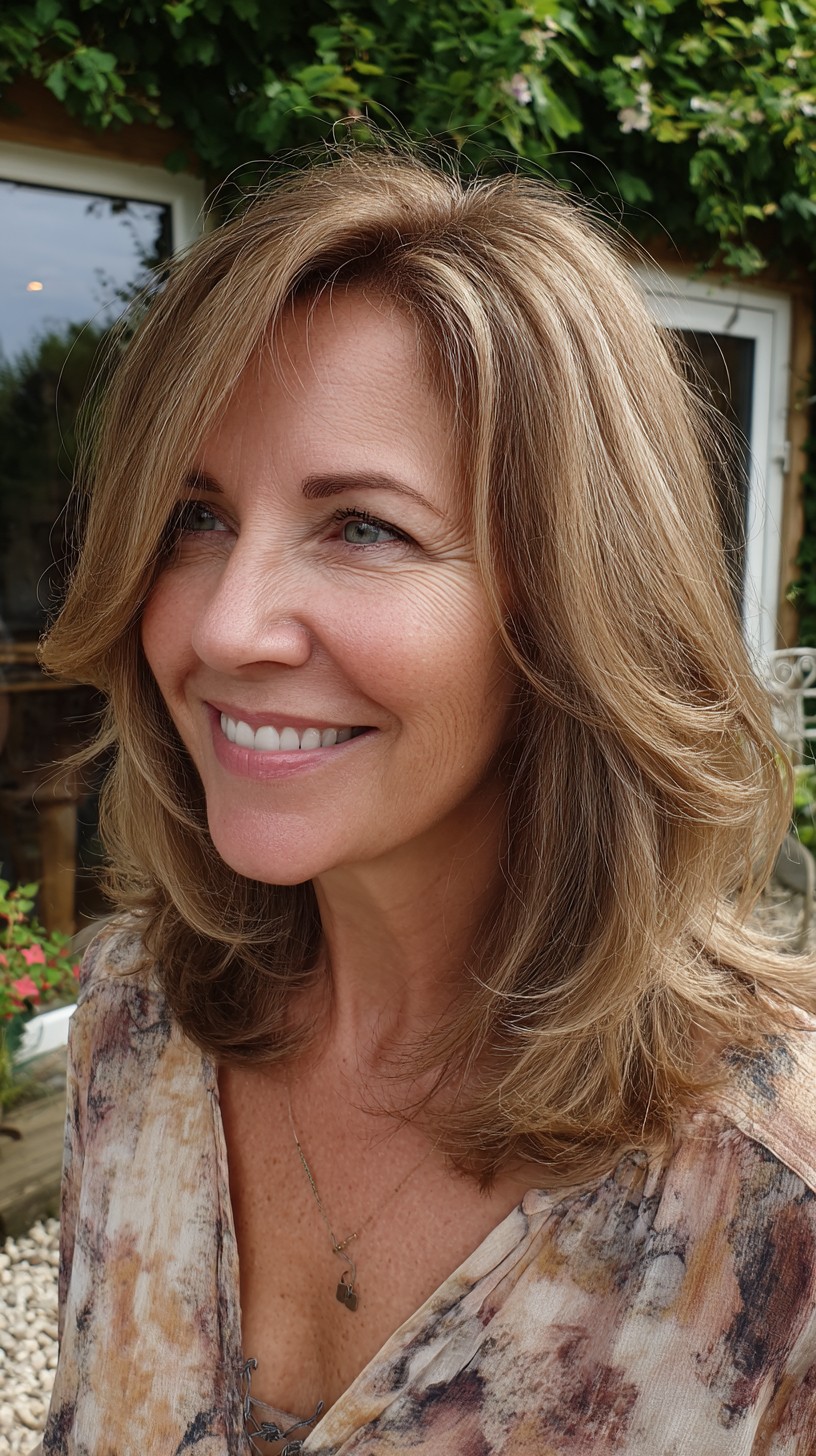 Caramel-Infused Layered Shoulder-Length Lob with Feathered Ends