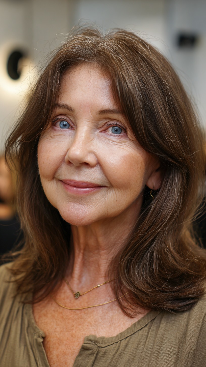 Chestnut Shoulder-Length Layered Lob with Soft Silver Root Band