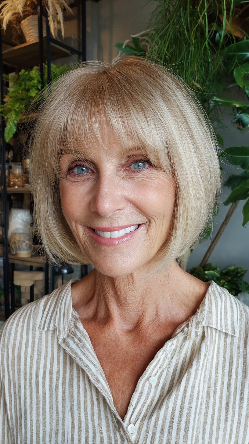 Chin-Grazing Blended Bob with Feathered Brow Fringe
