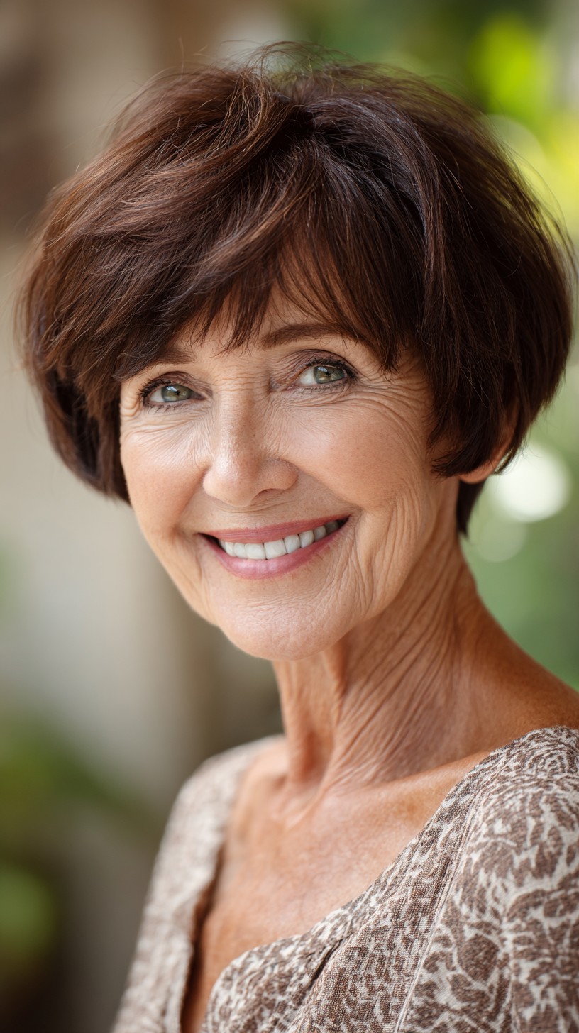 Chocolate Layered Short Bob with Feathered Micro-Bangs