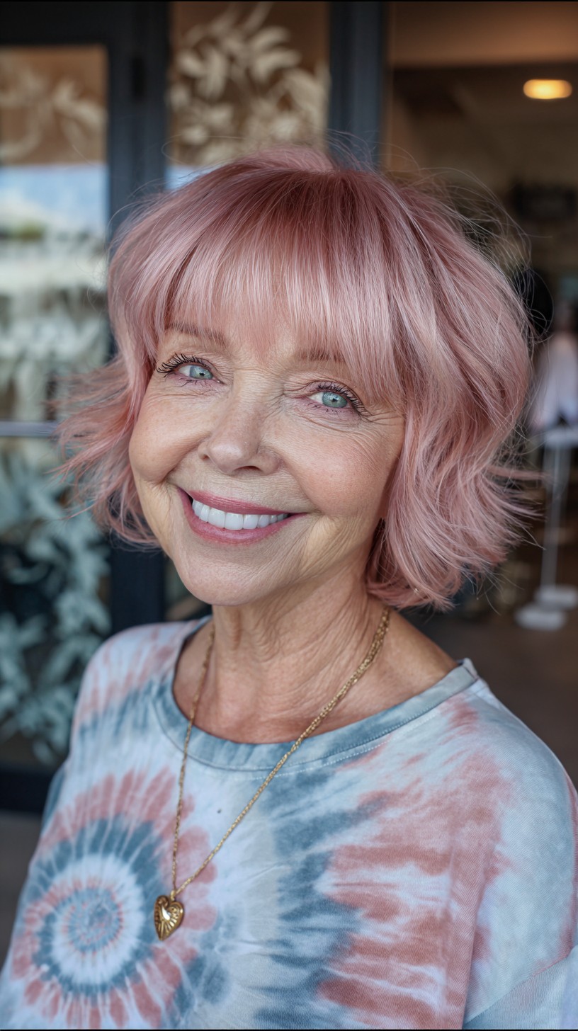 Dusty Rose Layered Chin-Length Bob with Brow-Skimming Micro Bangs