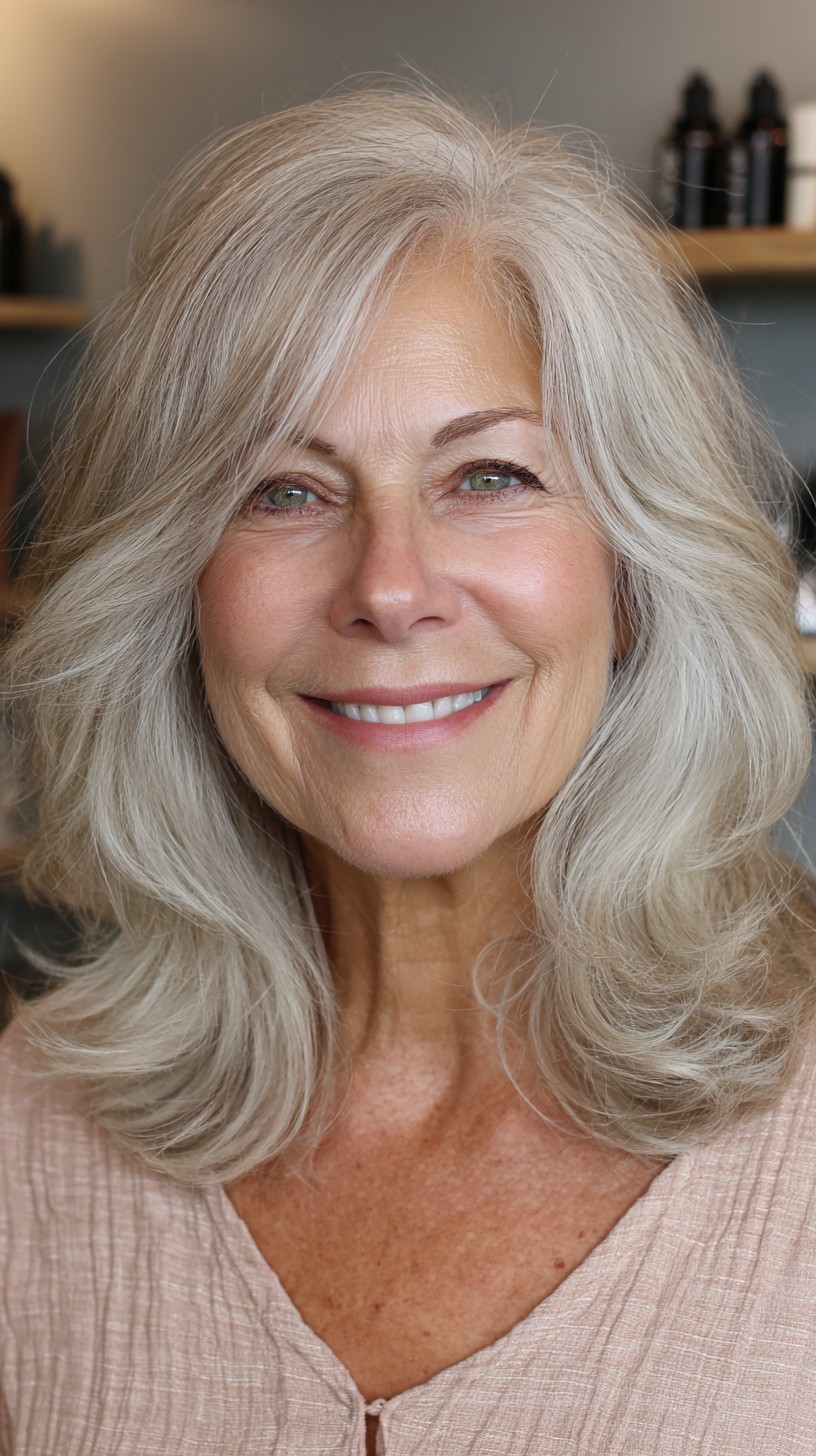 Feathered Mid-Length Silver Cut with Face-Framing Curtain and Crown Lift