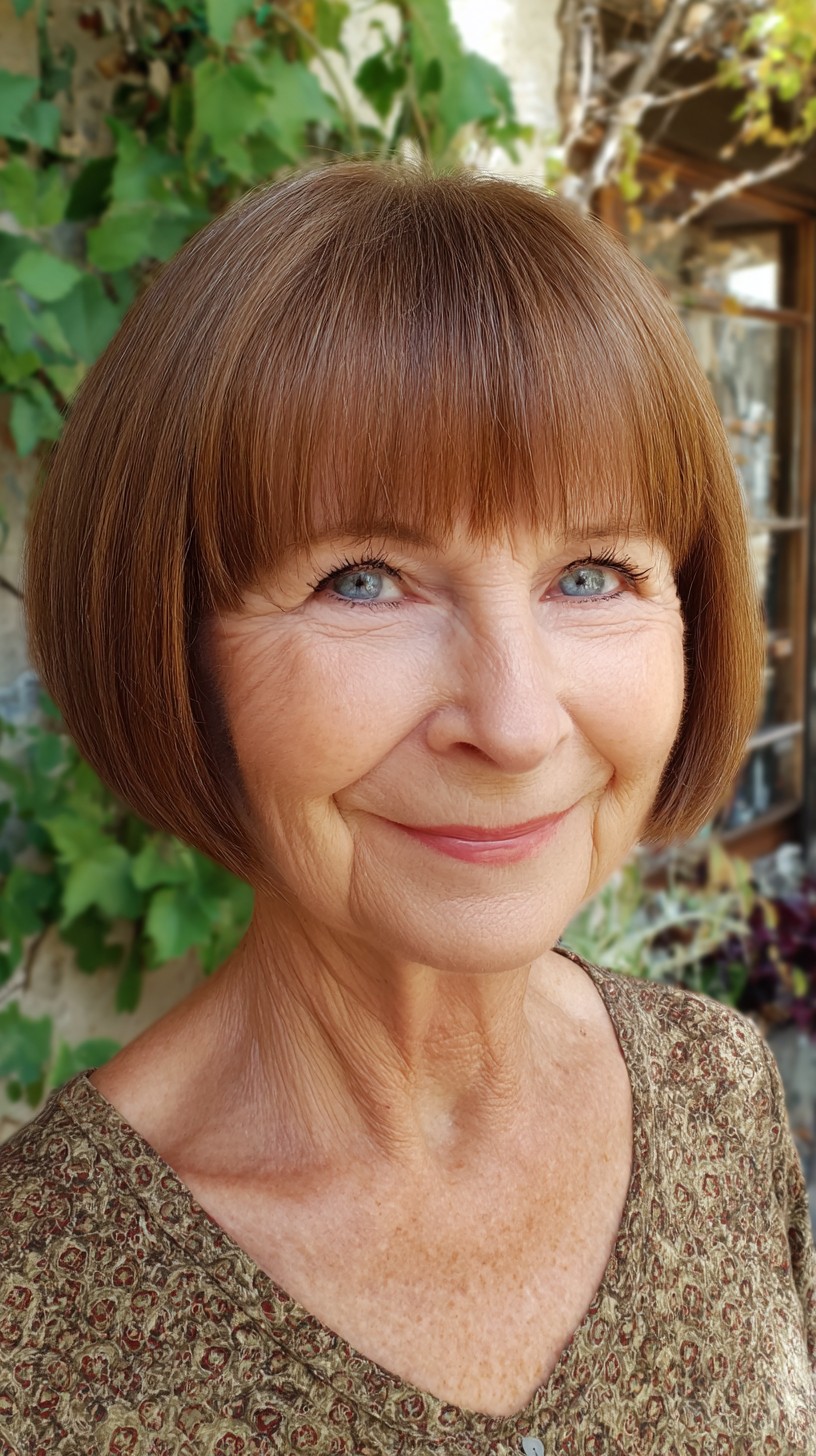 Gentle Rounded Chestnut Bob with Sheer Brow-Grazing Fringe
