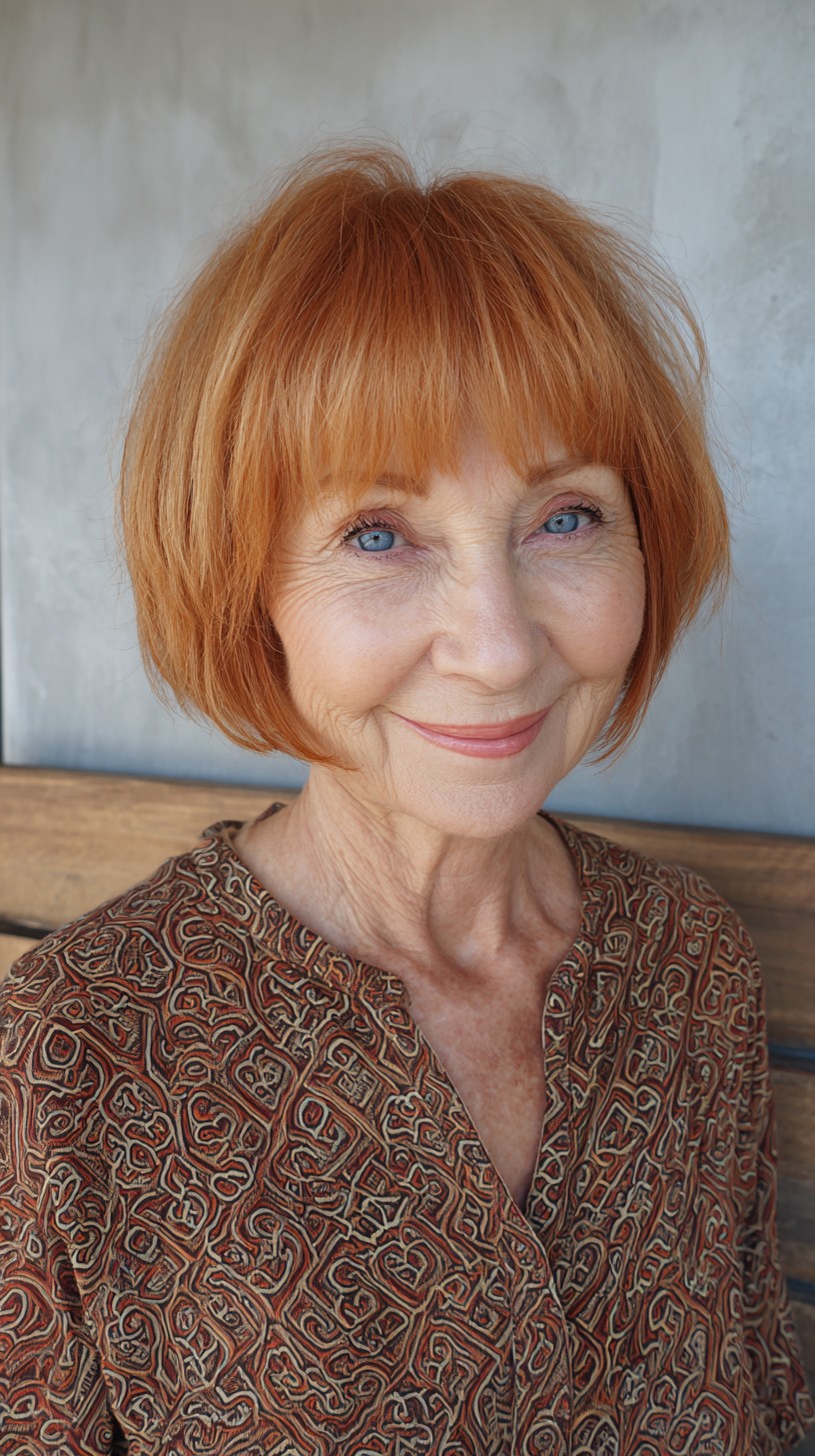 Ginger Rounded Layered Bob with Short Blunt Bangs