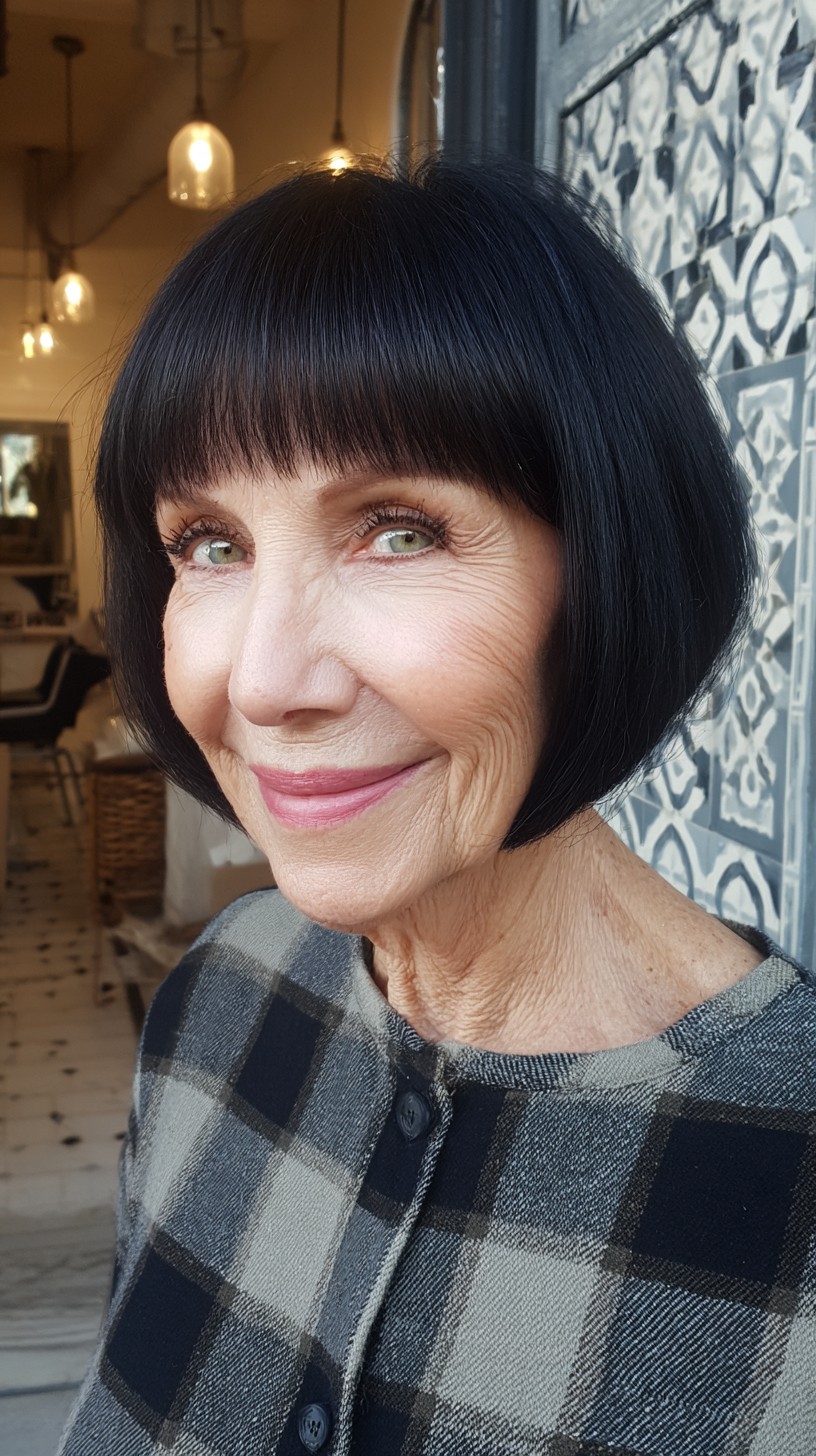 Glossy Jet-Black Rounded Bob with Micro Blunt Bangs