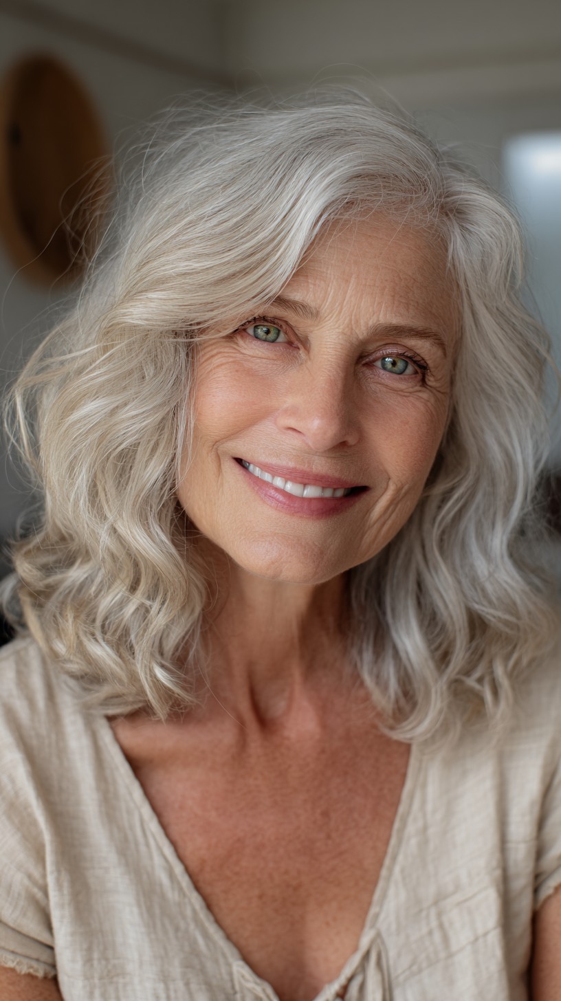 Ivory Gray Shoulder-Length Waves with Deep Side Sweep