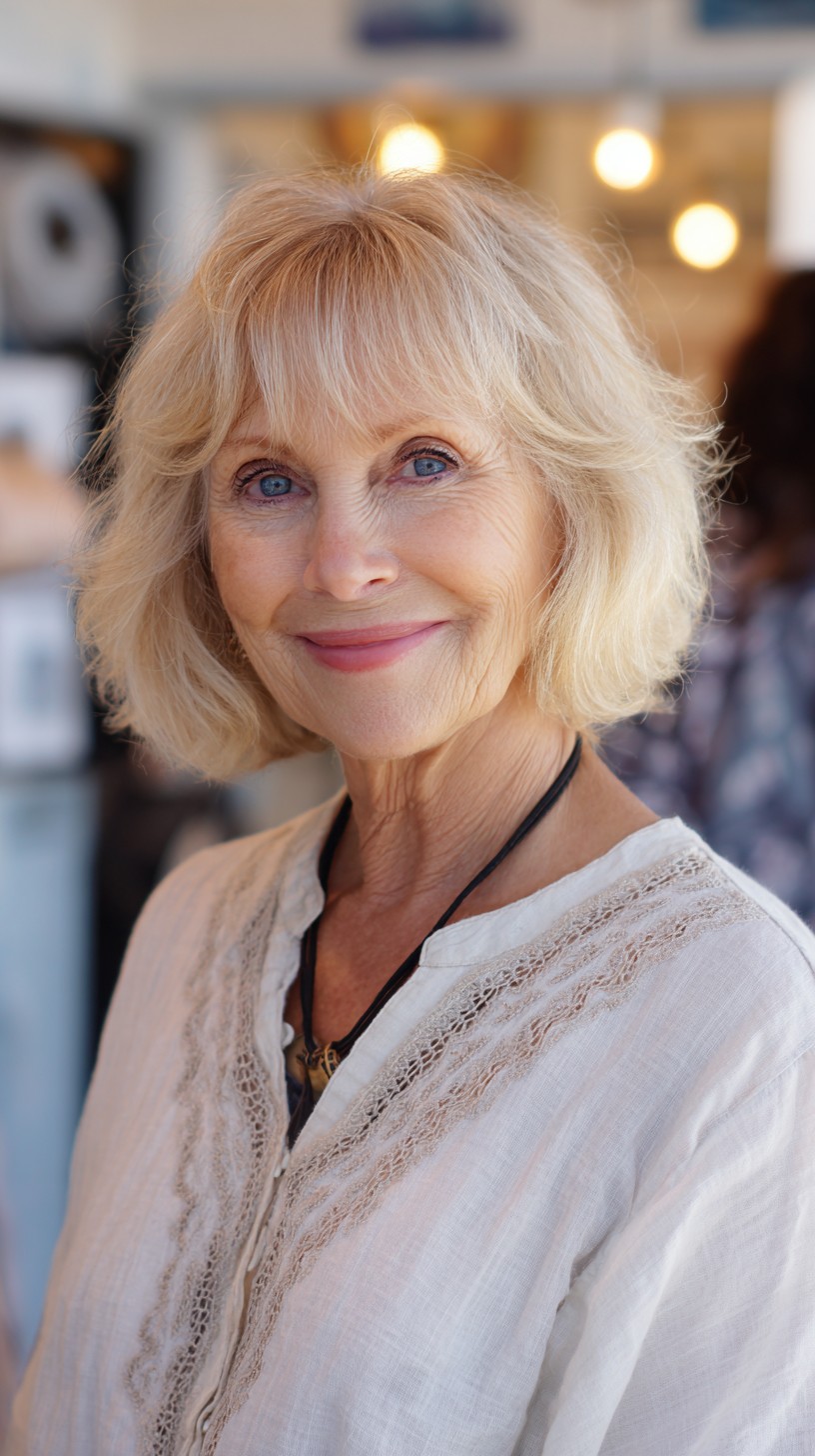 Light Ash-Blonde Rounded Bob with Feathered Brow Fringe and Crown Lift