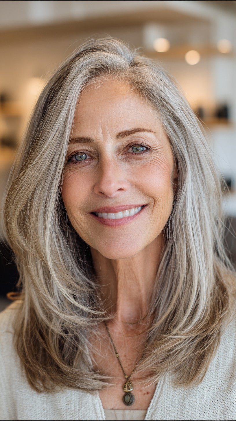 Long Silver Layers with Subtle Crown Stack and Face-Framing Lengths