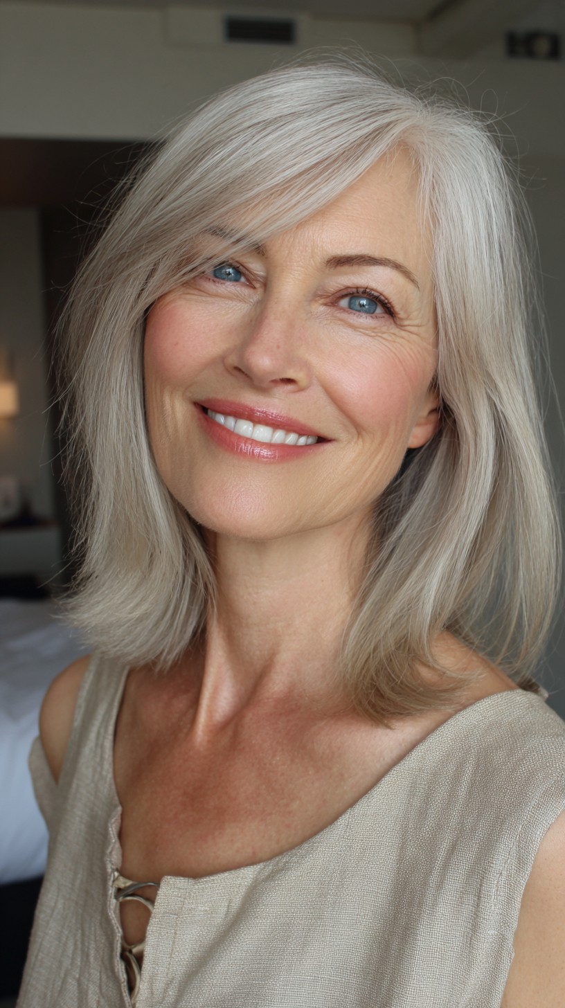 Platinum Shoulder-Skimming Lob with Soft Side-Swept Fringe