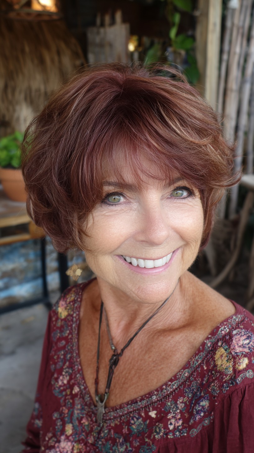 Rose-Auburn Layered Chin-Length Bob with Feathered Micro-Bangs