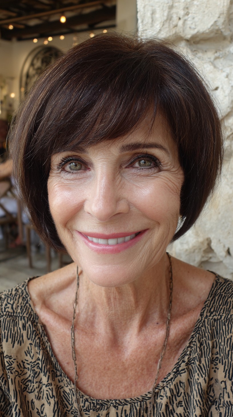 Rounded Chestnut Short Bob with Brow-Grazing Soft Bangs