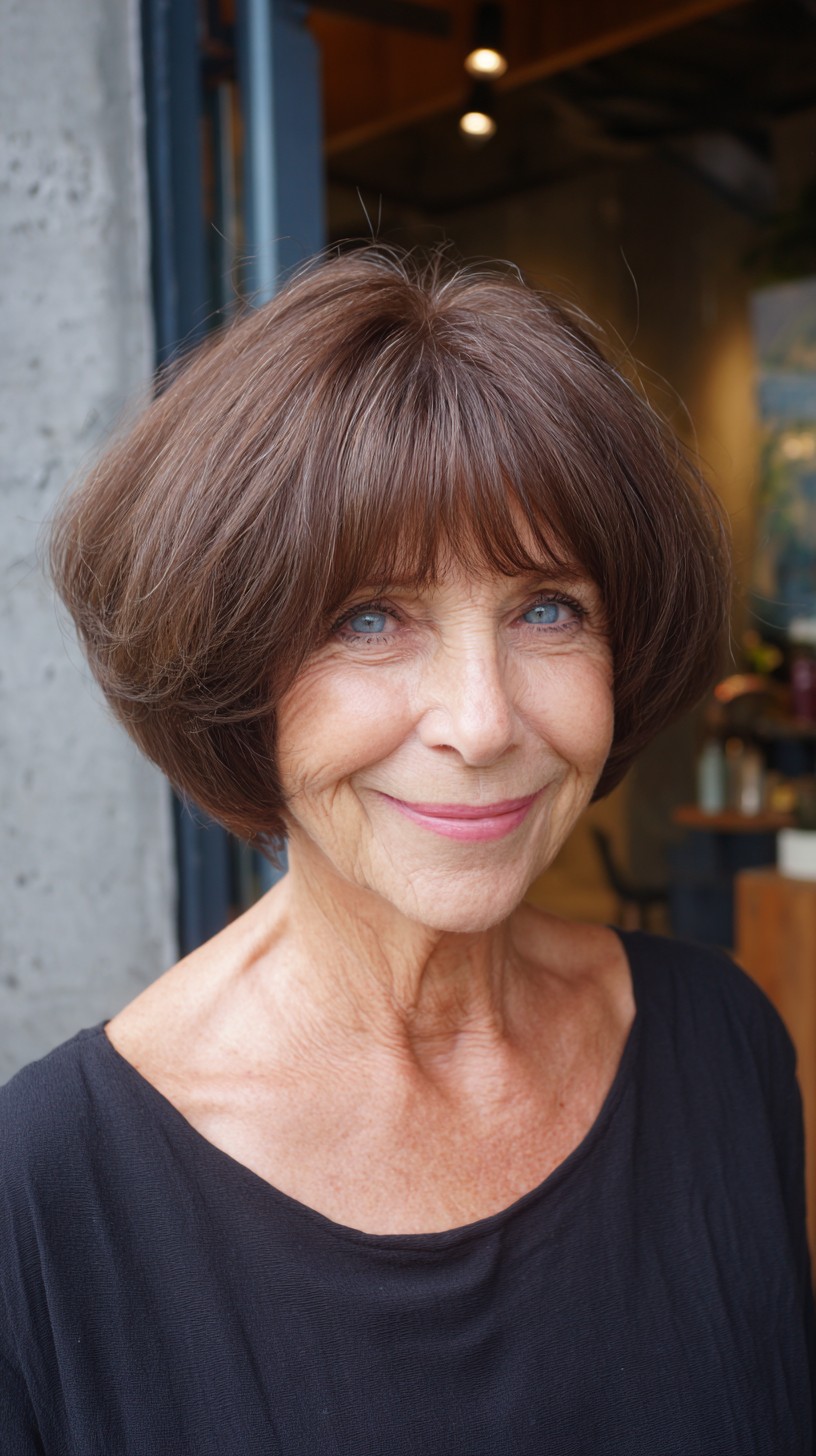 Rounded Chestnut Stacked Bob with Micro Fringe