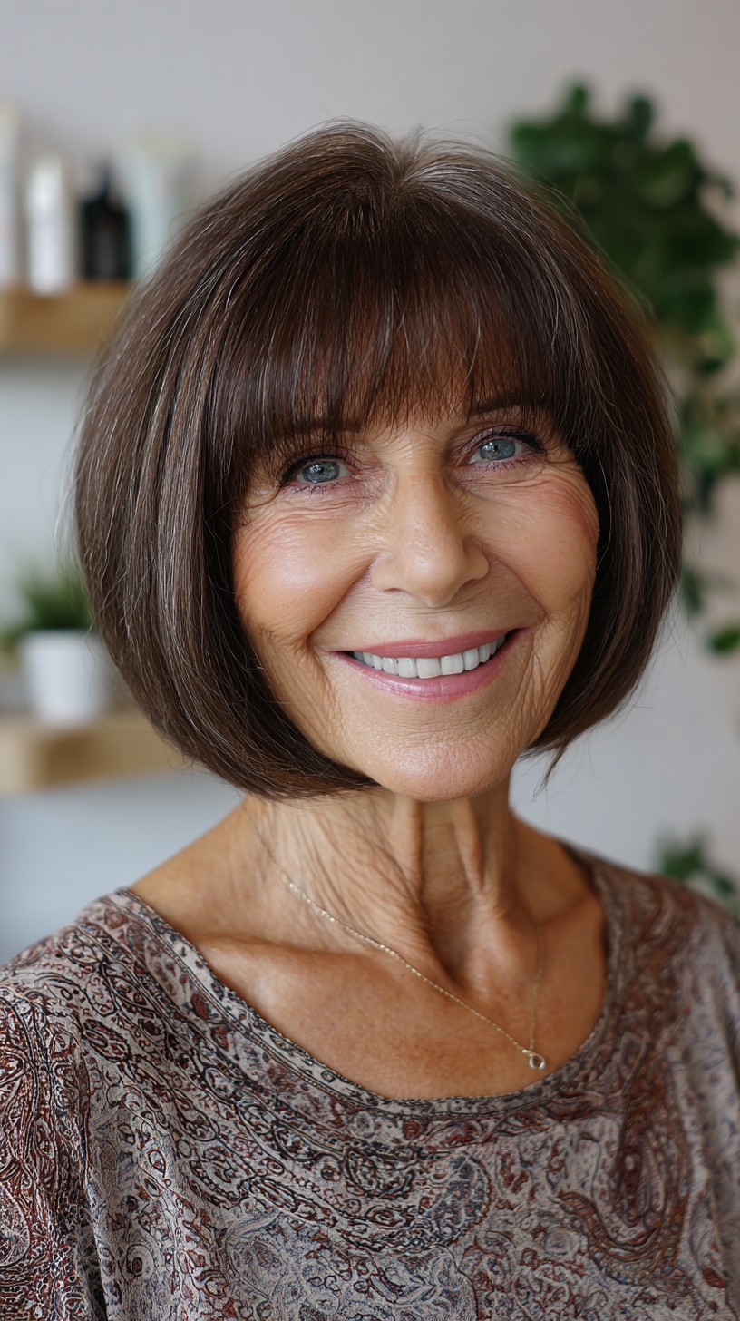 Rounded Chin-Length Bob with Soft Blunt Bangs and Silver Ribboning
