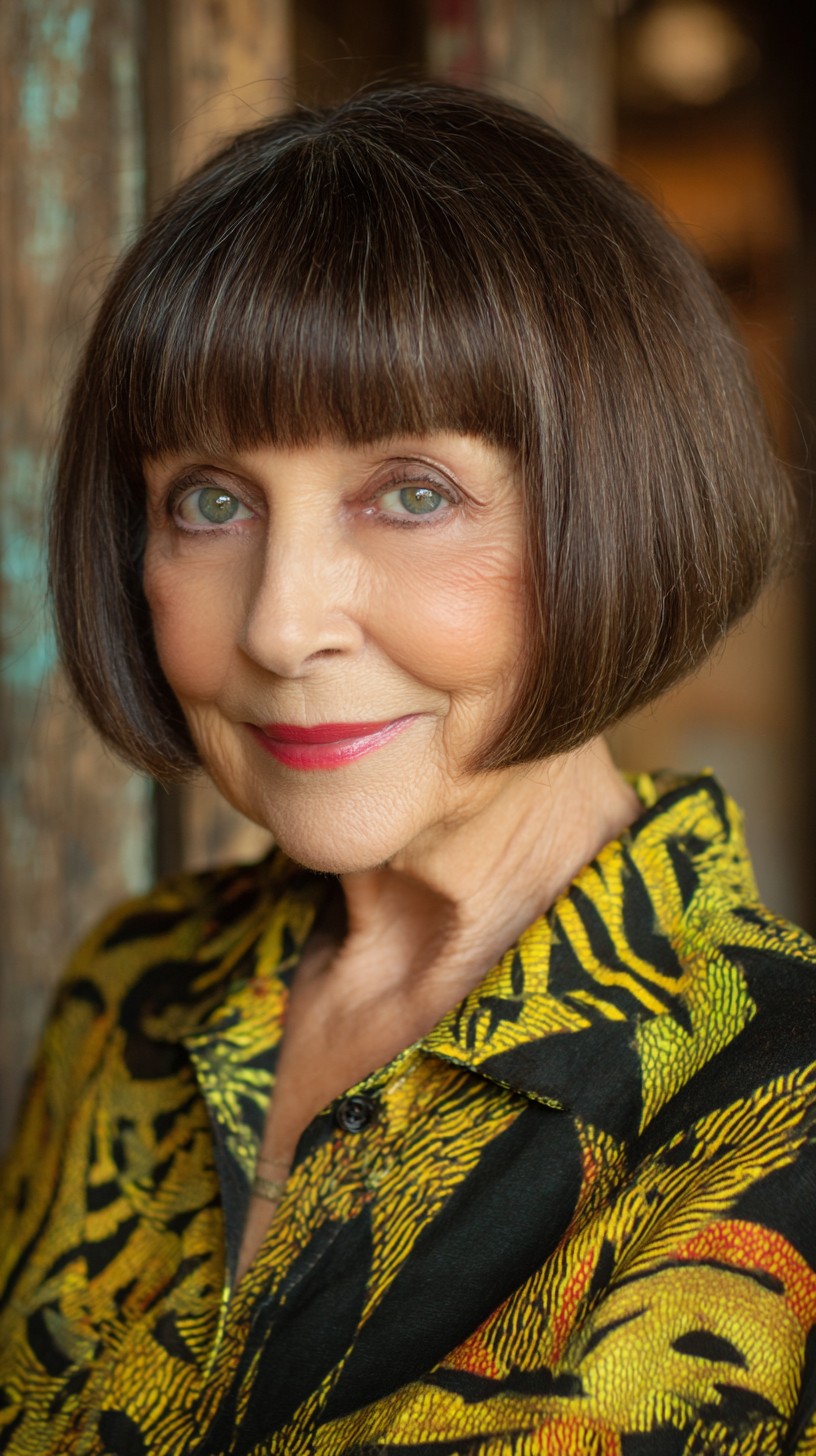 Rounded Chin-Length Bob with Blunt Brow Fringe and Silver Threading