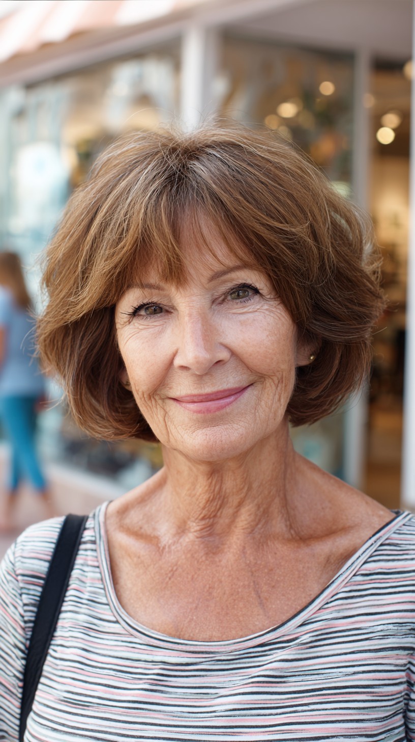 Rounded Chin-Length Layered Bob with Feathered Short Bangs