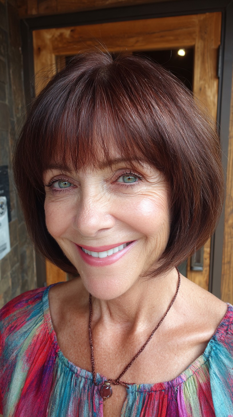 Rounded Chocolate-Auburn Stacked Bob with Razor-Soft Micro Bangs