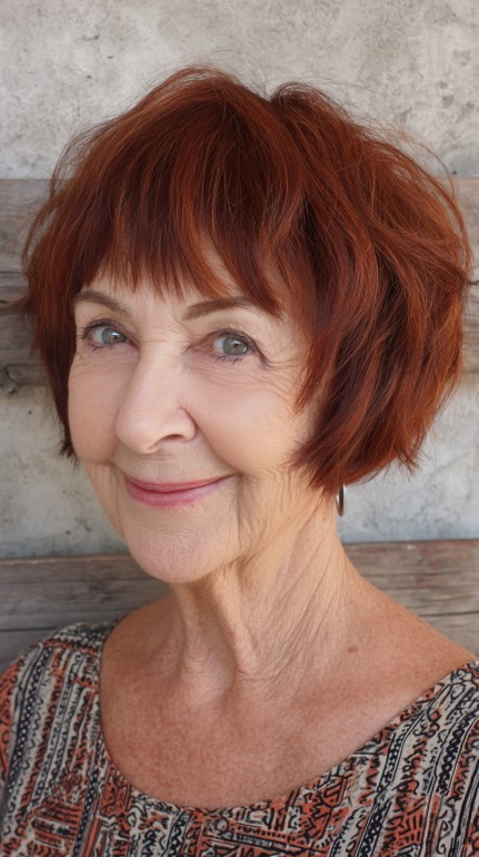 Rusty Copper Textured Stacked Bob with Short Fringe