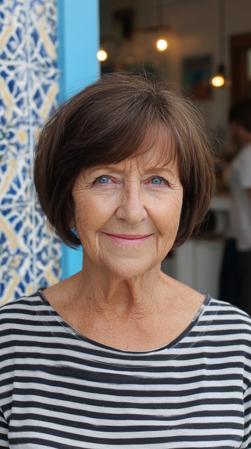 Salt-and-Pepper Rounded Chin-Length Bob with Wispy Fringe