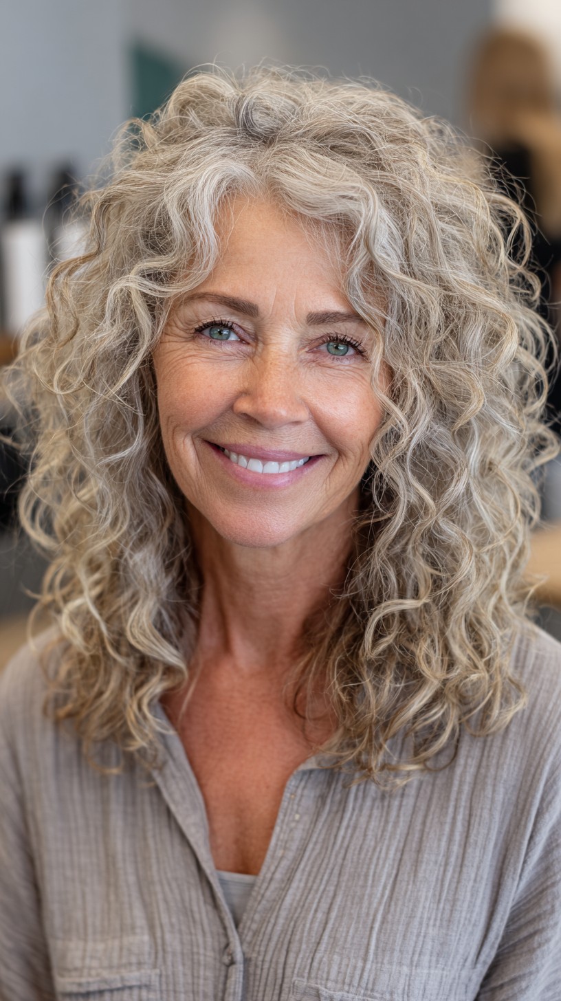 Salt-and-Pepper Shoulder-Grazing Curly Cut with Crown Lift and Face-Framing Pieces