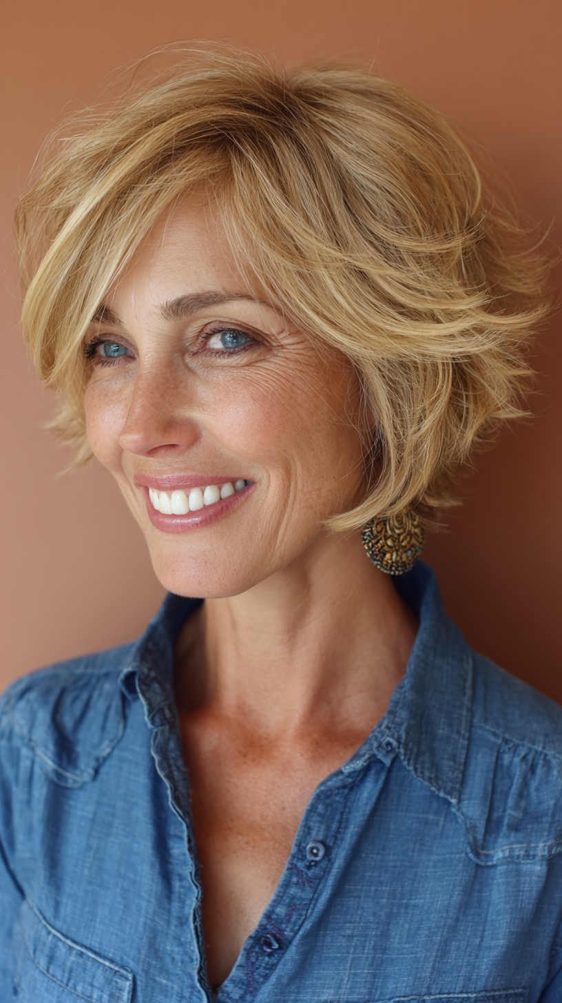Short Feathered Shag Bob with Crown Stacking