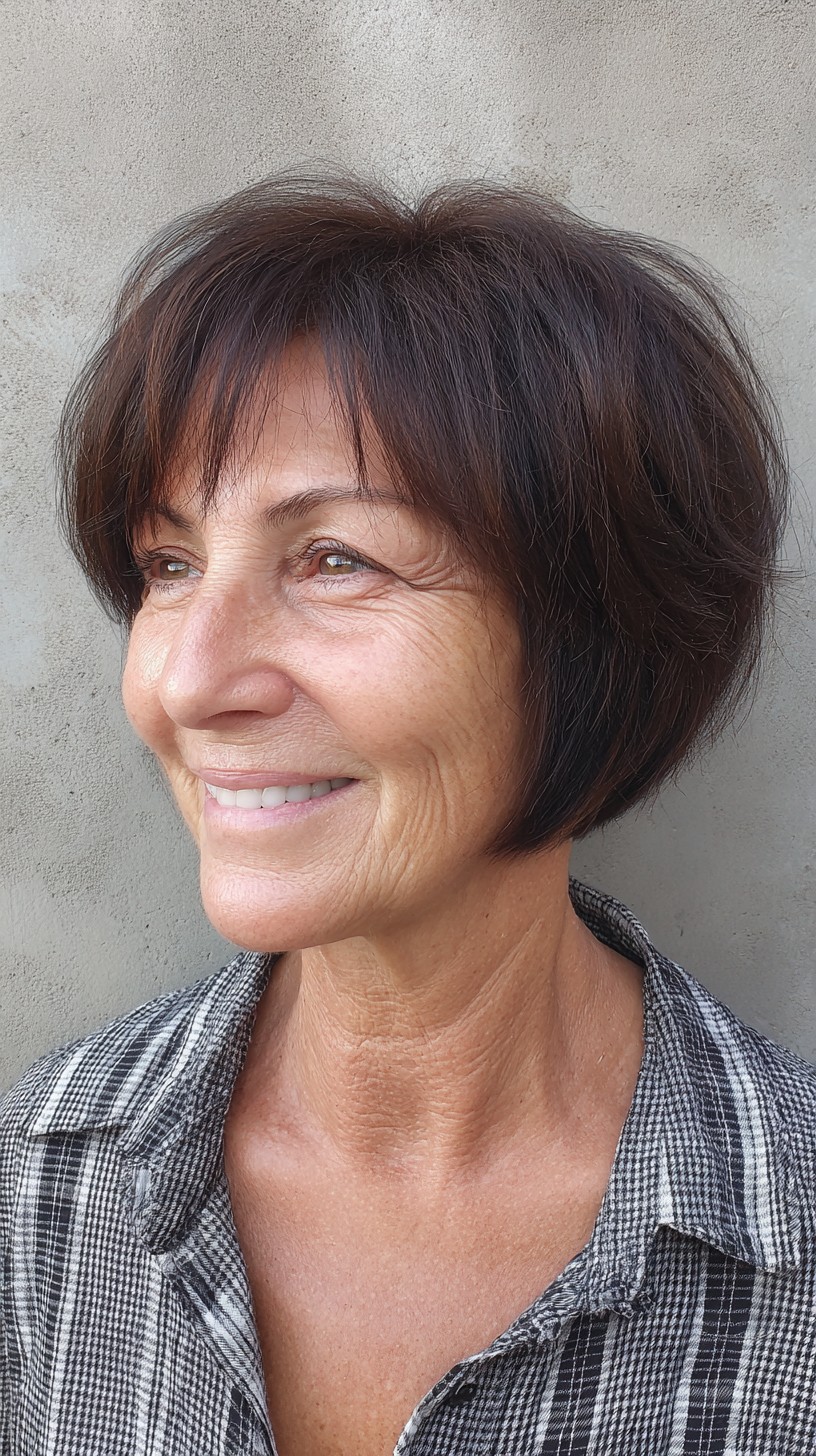 Short Rounded Layered Bob with Soft Stroked Fringe