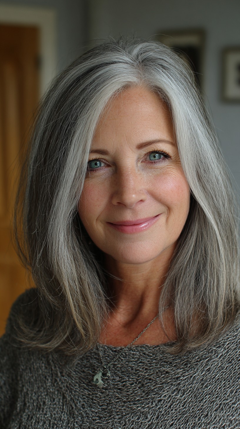 Silver Center-Part Mid-Length Cut with Soft Internal Layers