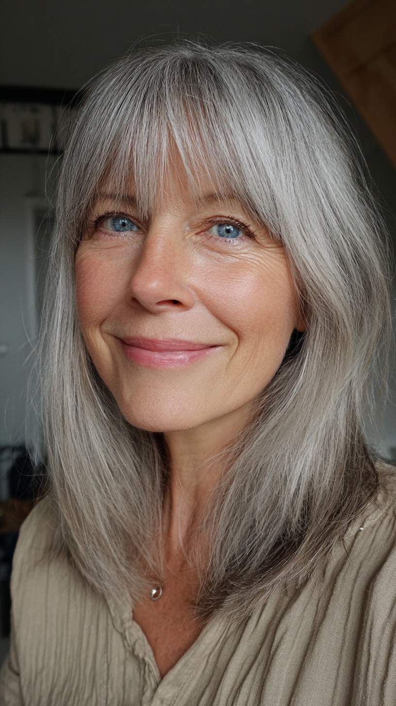Silver Mid-Length Layered Cut with Wispy Curtain Micro-Bangs