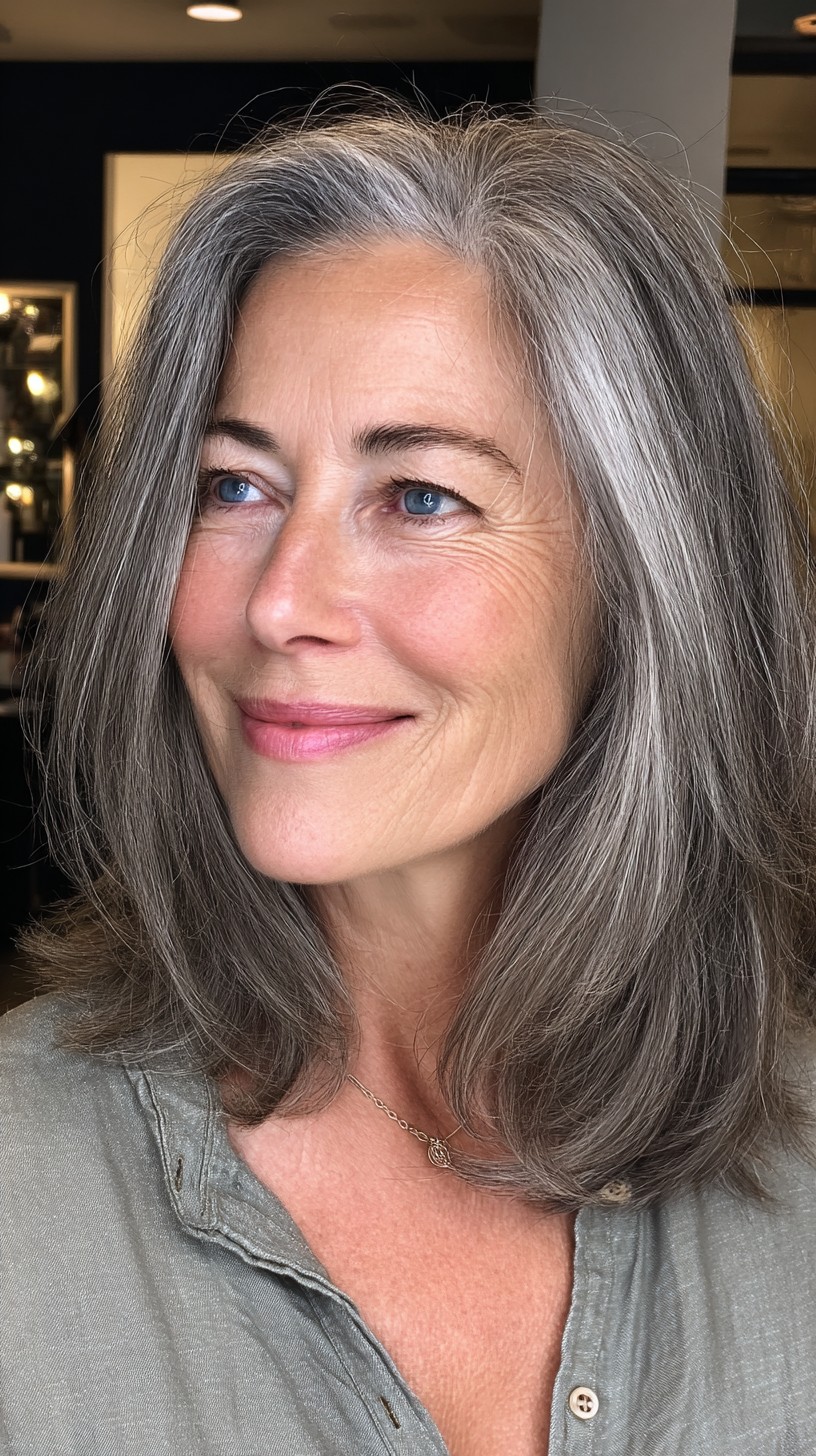 Silver-Toned Mid-Length Layered Lob with Temple-Framing Brightness