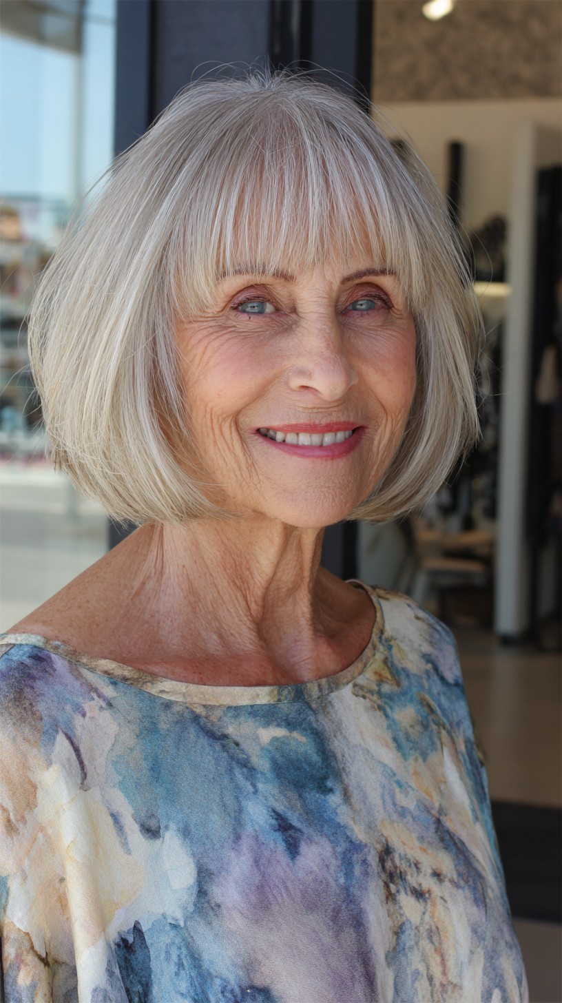 Silver-Ribboned Rounded Bob with Blunt Brow-Skimming Bangs