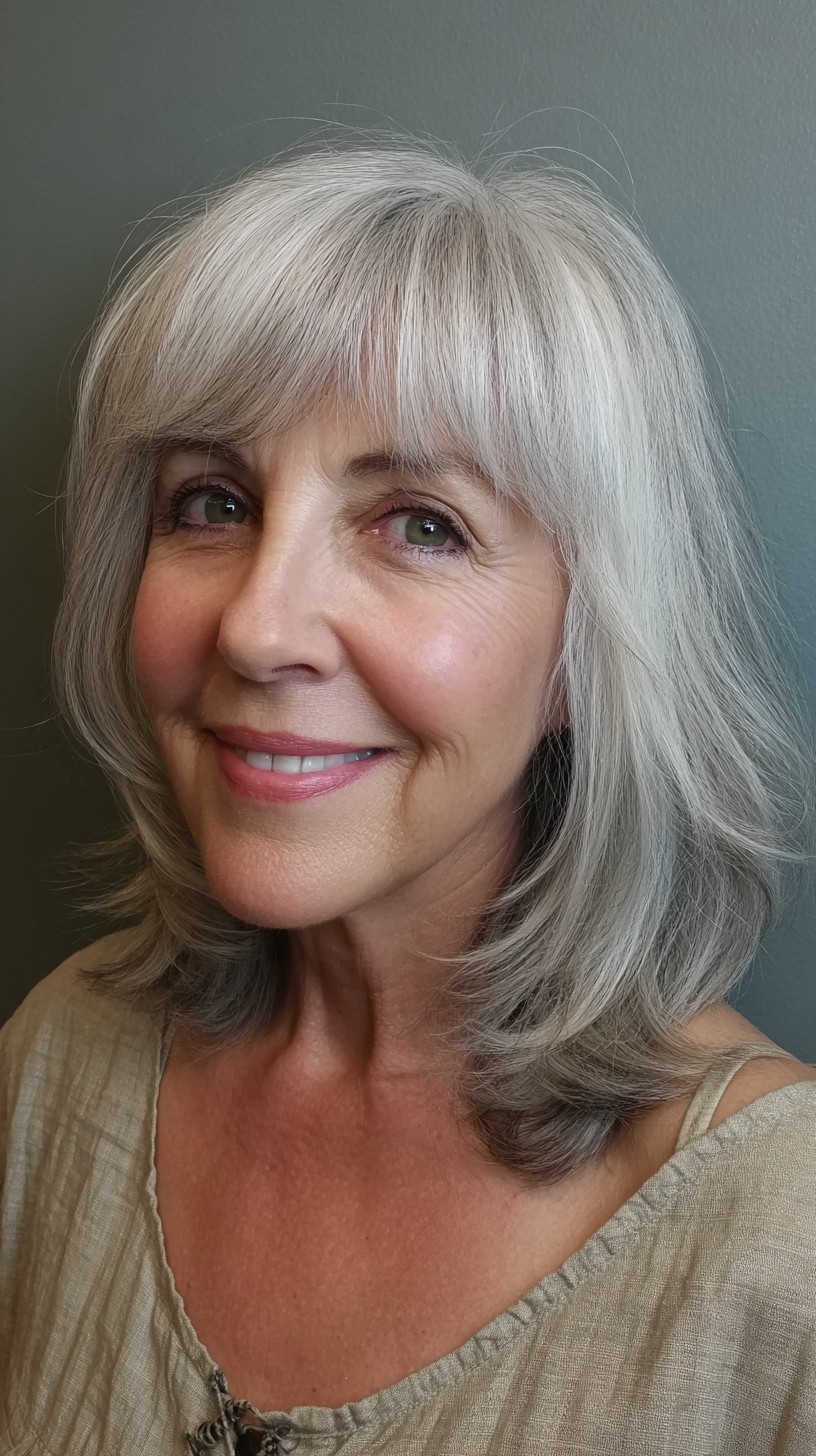 Silver Shoulder-Length Feathered Cut with Soft Curtain Fringe