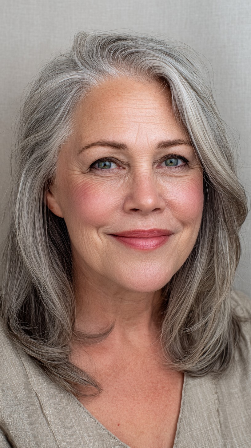 Silver Side-Swept Layered Medium Cut with Natural Lowlight Band