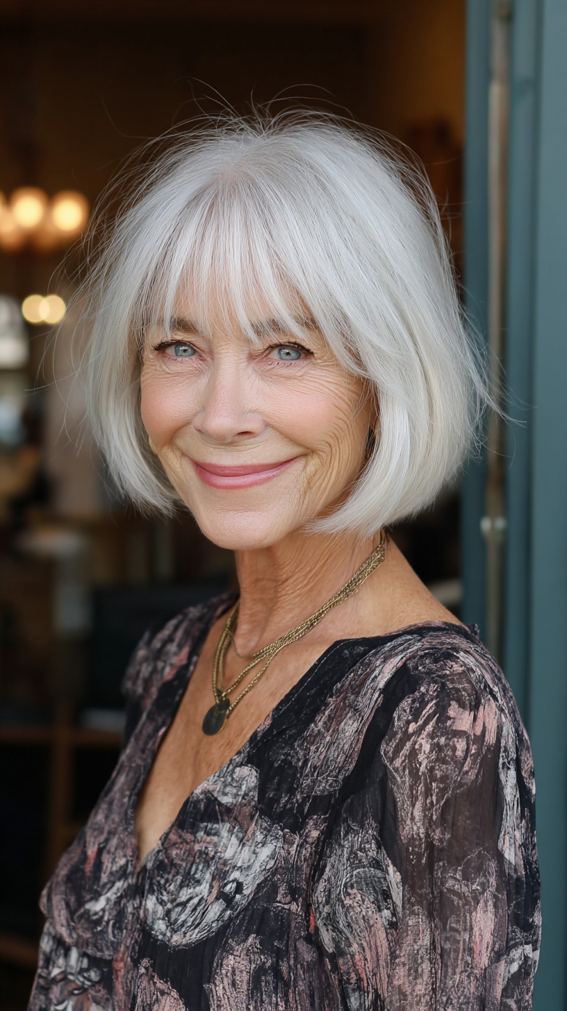 Silver-White Textured Chin-Length Bob with Curtain Fringe