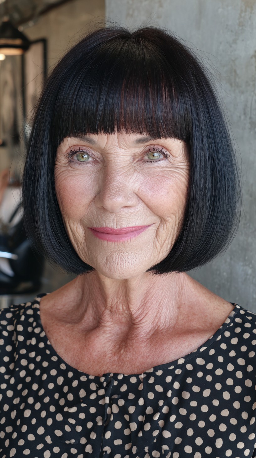 Sleek Blue-Black Chin-Length Bob with Blunt Micro Bangs