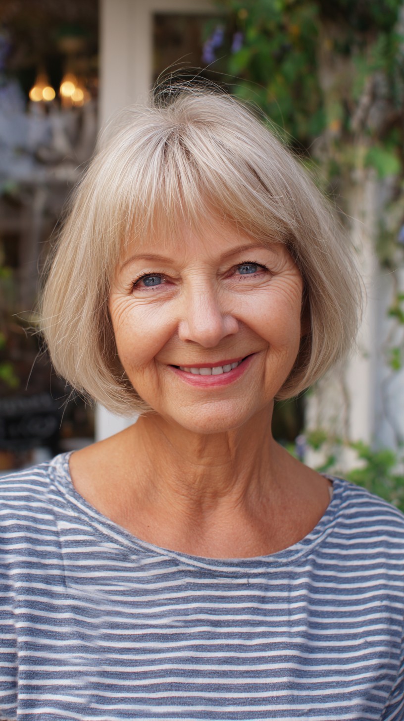 Soft Ash Platinum Rounded Bob with Sheer Micro Bangs