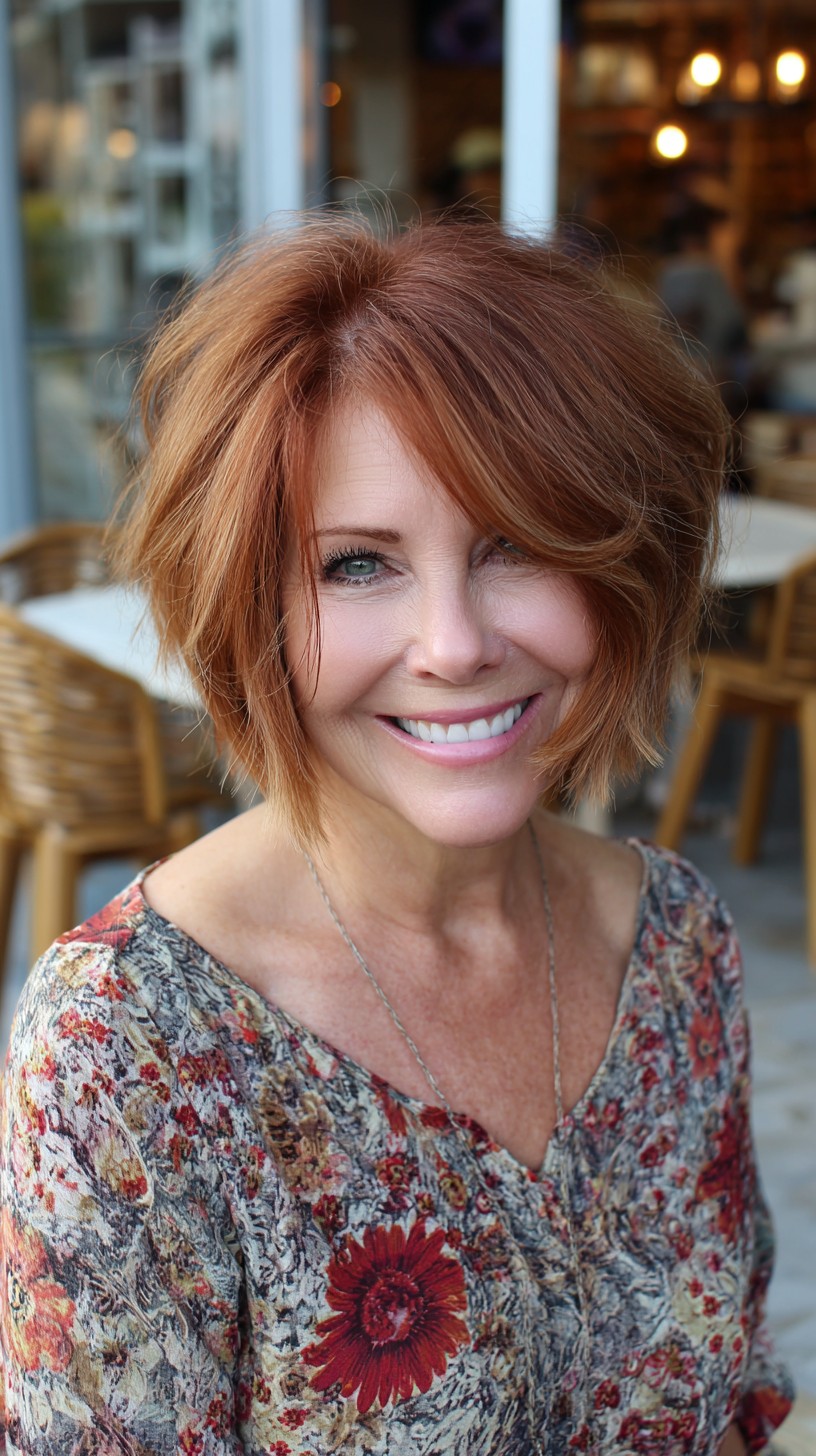 Soft Copper Stacked Bob with Root Lift and Side-Swept Fringe