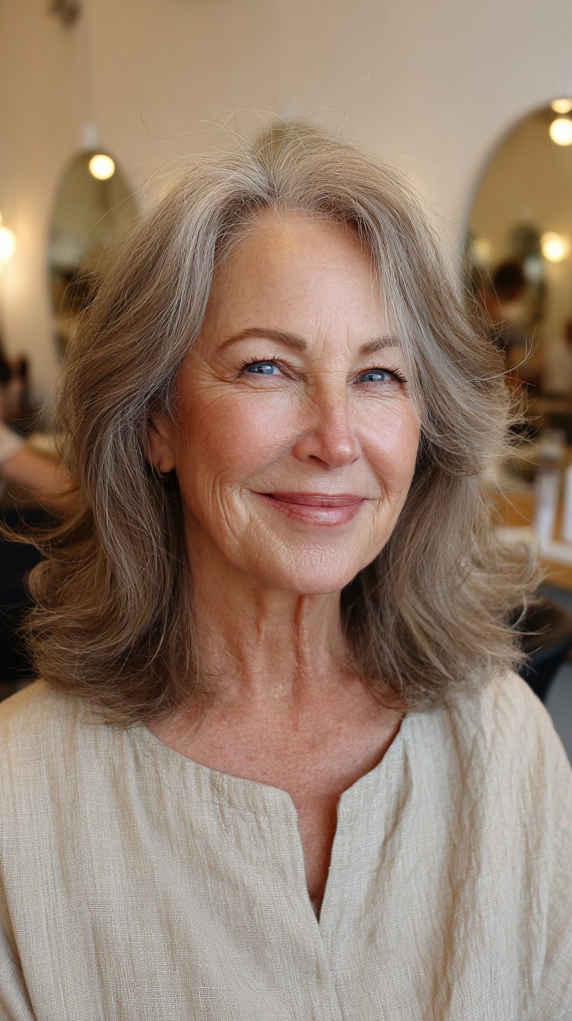Soft Feathered Mid-Length Silver Lob with Gentle Face-Frame