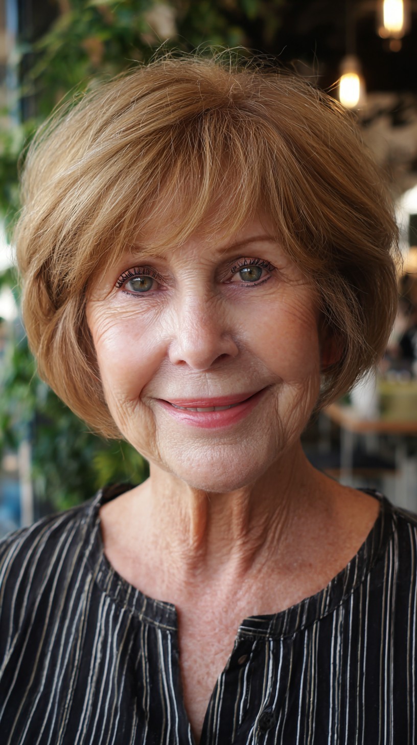 Soft Golden Stacked Bob with Wispy Blended Fringe