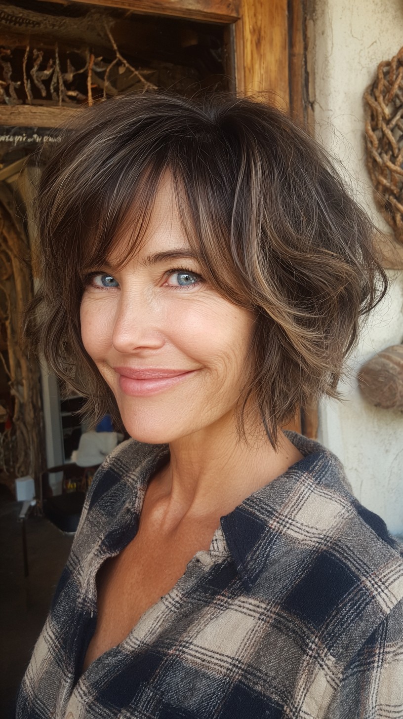 Soft Rooted Chestnut Shag-Bob with Airy Face-Framing