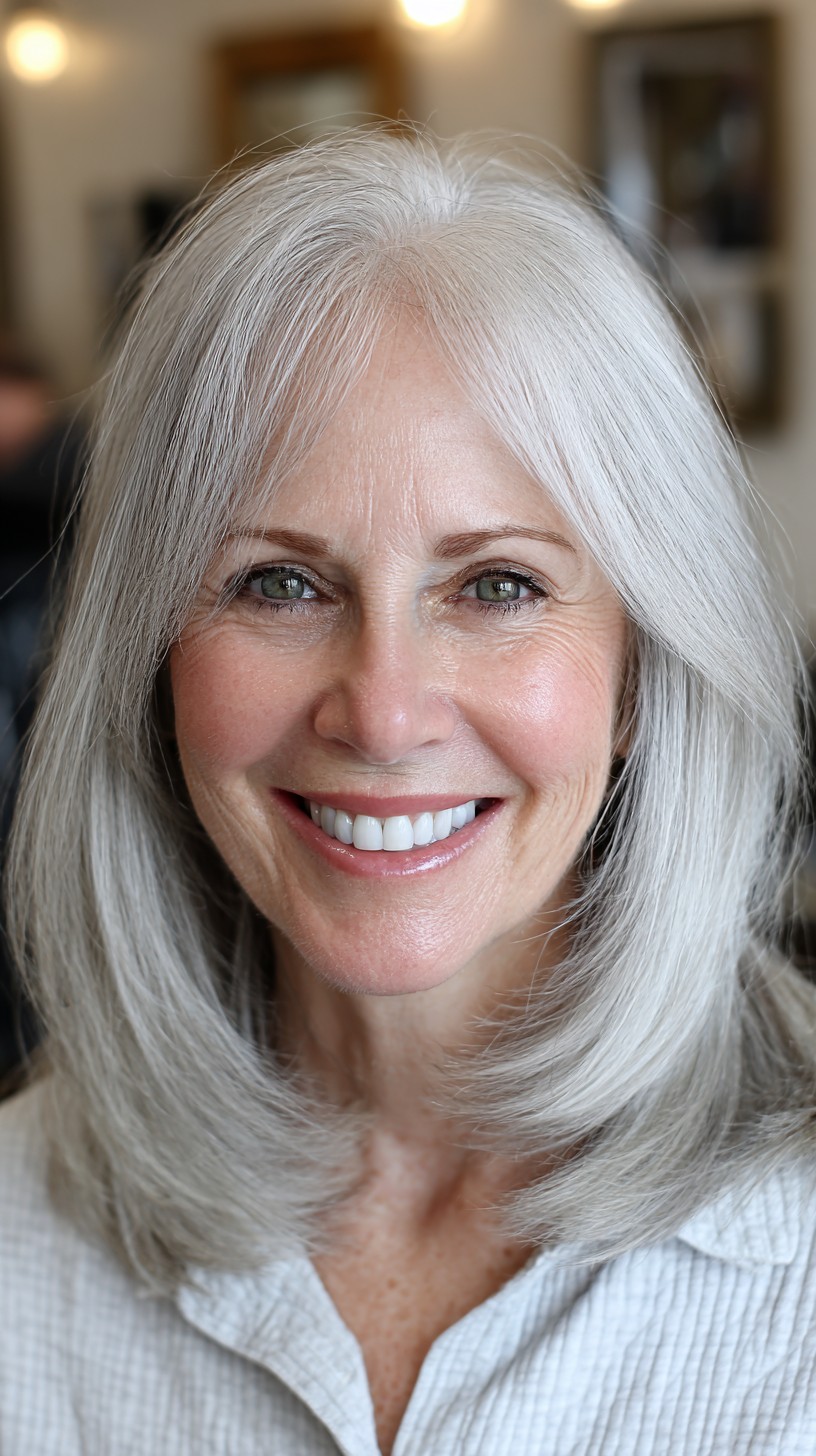 Soft Silver Mid-Length Blended Layers with Face-Framing Curtain
