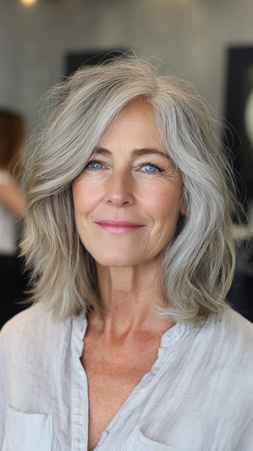 Soft Silver Shoulder-Grazing Lob with Feathered Face-Framing Layers