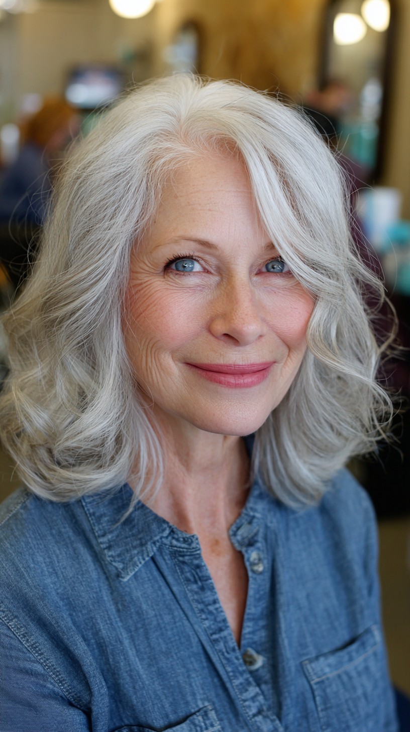 Soft Silver Textured Lob with Face-Framing Side Sweep